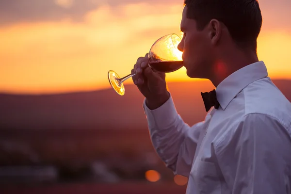 Elegante jovem bebendo vinho ao pôr do sol — Fotografia de Stock