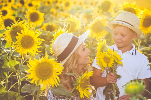 Schöne Frau mit Sohn im Sonnenblumenfeld — Stockfoto