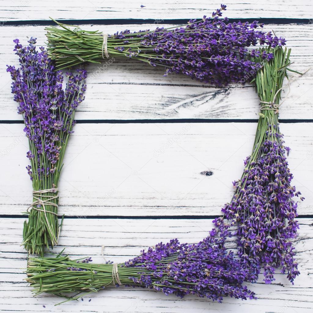 Lavender on wood background. With copy-space