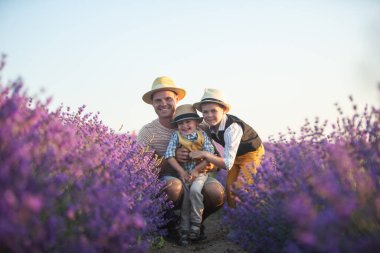 Hasır şapkalar ve ekose gömlekler giyen şık giyimli çocuklar. Babam ve oğulları yürüyor. Kocaman bir lavanta tarlası. Aile yürüyüşe çıktı.