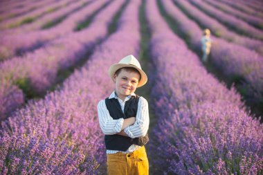 Hasır şapkalar ve ekose gömlekler giyen şık giyimli çocuklar. Kocaman bir lavanta tarlası. Aile yürüyüşe çıktı.