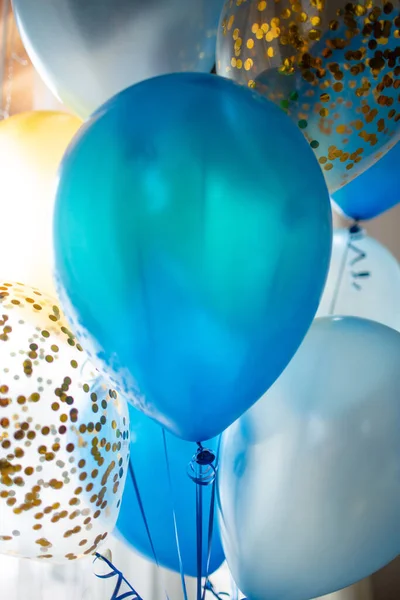 Festive Decoration Bright Room Blue Transparent Balloons Golden Confetti Celebrate — Stock Photo, Image
