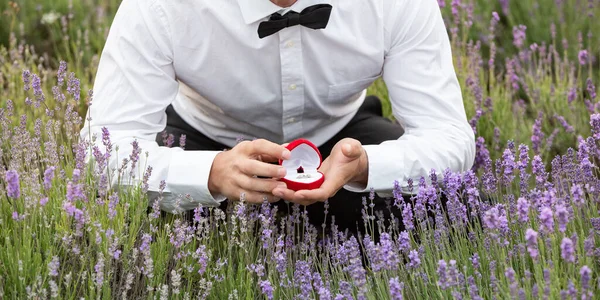 Man Evening Dress Poses Diamond Ring Lavender Field Romantic Marriage — Stock Photo, Image