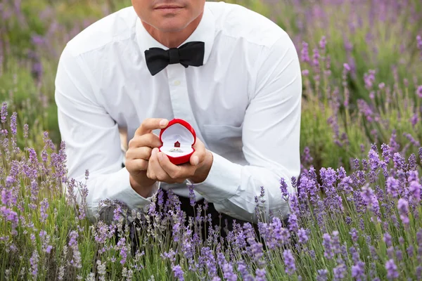 Uomo Abito Sera Posa Con Anello Diamanti Campo Lavanda Proposta — Foto Stock