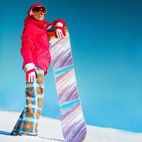 Kar snowboard kızla — Stok fotoğraf
