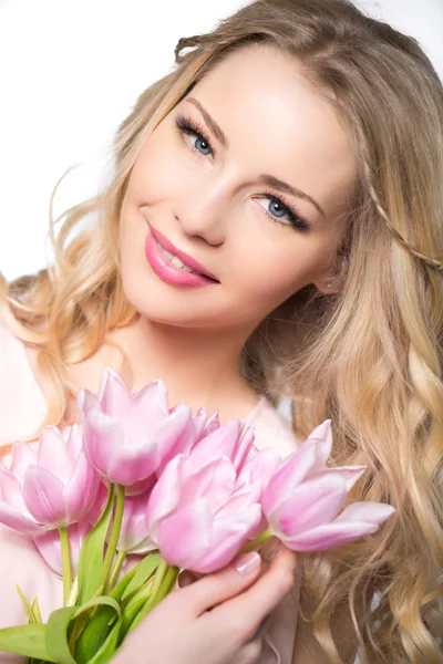 Woman with tulip bouquet — Stock Photo, Image