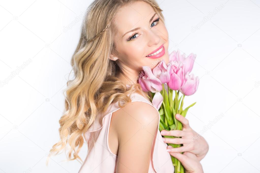 Woman with tulip bouquet