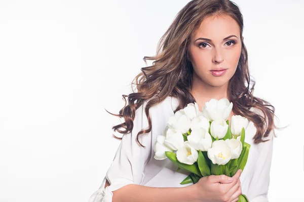 Woman with pulip flowers — Stock Photo, Image