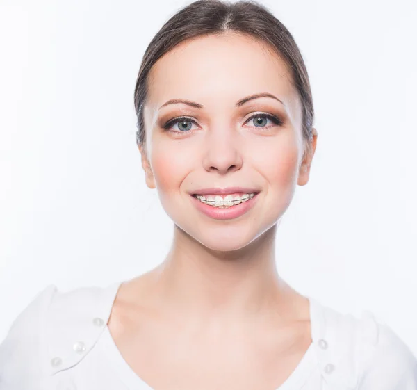 Woman with teeth braces — Stock Photo, Image