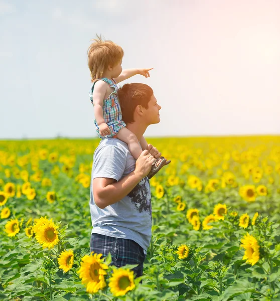 Vater mit Sohn auf dem Sonnenblumenfeld — Stockfoto