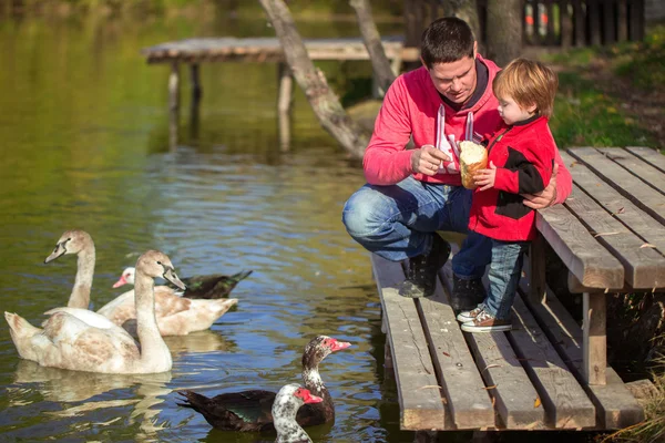 Far med son på sjön — Stockfoto