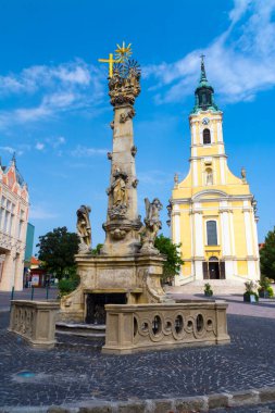 Macaristan 'ın Szekszard kentindeki Kral Bela caddesindeki Katolik Kilisesi ve Kutsal Üçlü Sütun.