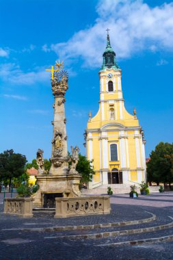 Macaristan 'ın Szekszard kentindeki Kral Bela caddesindeki Katolik Kilisesi ve Kutsal Üçlü Sütun.
