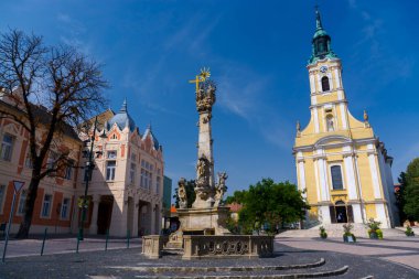 Macaristan 'ın Szekszard kentindeki Kral Bela caddesindeki Katolik Kilisesi ve Kutsal Üçlü Sütun.