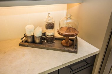 Serving Tray With Coffee Beans & Mugs In Pantry Corner
