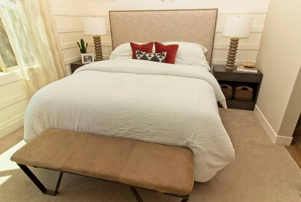 Guest Bedroom With Studded Head Board And Foot Stool/Seat