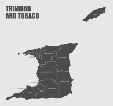 Trinidad ve Tobago etiketli eyaletlere ayrılmış haritayı izole etti