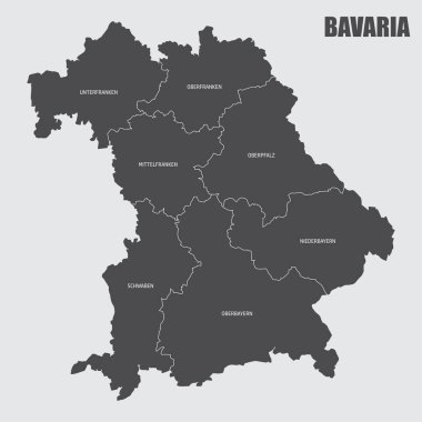 Bavyera haritası etiketli bölgelere bölünmüş durumda, Almanya