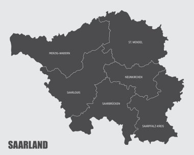 Saarland haritası, Almanya 'nın etiketli bölgelerine ayrılmış durumda.