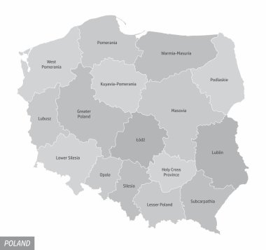 Polonya haritası etiketli bölgelere ayrılmış durumda