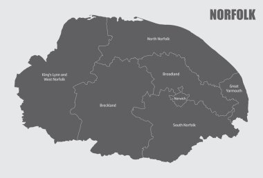 Norfolk ilçesi haritası etiketli bölgelere bölünmüş durumda, İngiltere