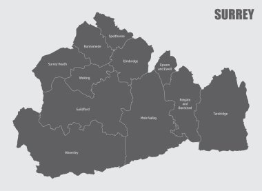 Surrey ilçesi haritası etiketli bölgelere bölünmüş durumda, İngiltere