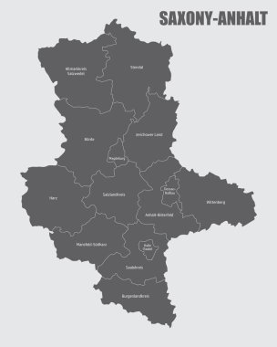 Saksonya-Anhalt eyaleti, Almanya 'nın etiketli bölgelerine ayrılmış izole bir harita.