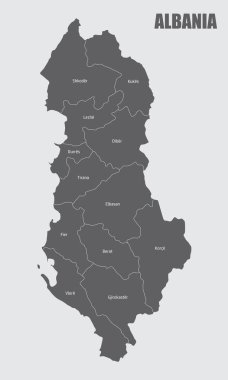 Arnavutluk haritası etiketli bölgelere ayrılmış durumda