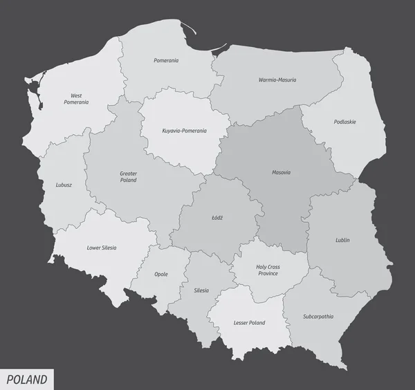 Carte Pologne Divisée Régions Avec Étiquettes — Image vectorielle