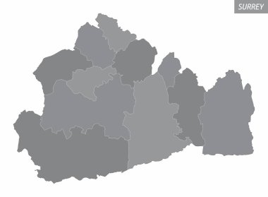 Surrey Bölgesi idari haritası gri tonda bölünmüş ve beyaz arka planda izole edilmiş, İngiltere