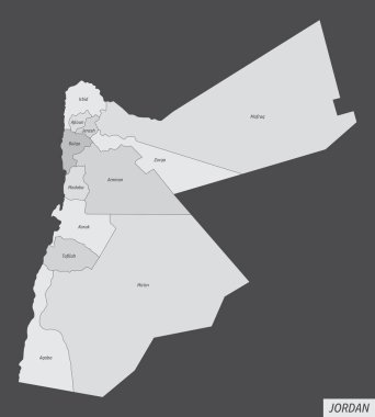 Ürdün idari haritası koyu arkaplanda izole edildi