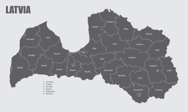 Latvia administrative map divided in regions with labels