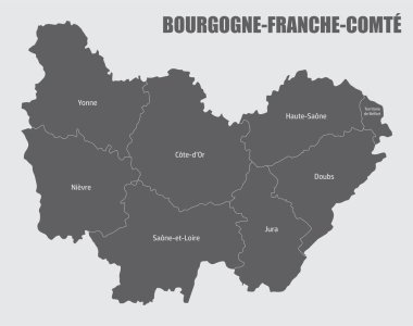 Bourgogne-Franche-Comte administrative map divided in departments with labels, France