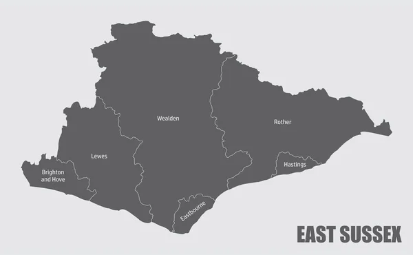 East Sussex County Kaart Verdeeld Districten Met Labels Engeland — Stockvector