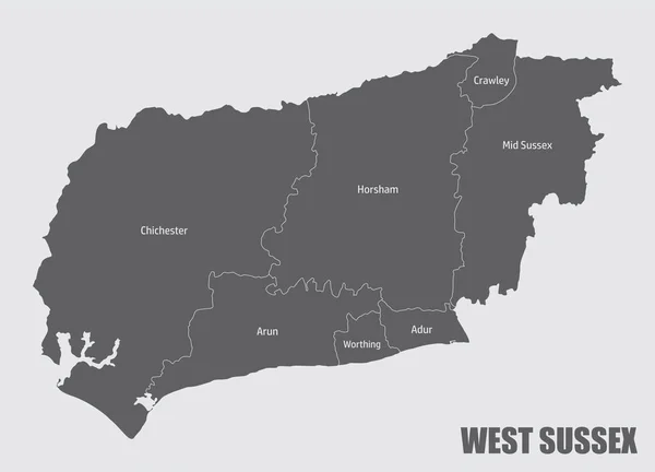 Mapa Del Condado West Sussex Dividido Distritos Con Etiquetas Inglaterra — Archivo Imágenes Vectoriales