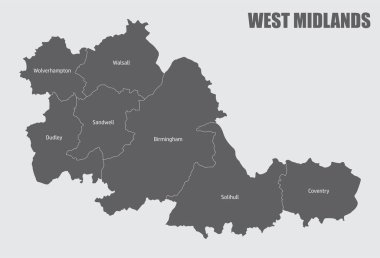 Batı Midlands ilçesi etiketli bölgelere bölünmüş durumda, İngiltere