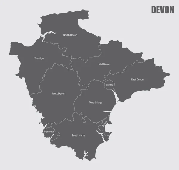 Mapa Aislado Del Condado Devon Dividido Distritos Con Etiquetas Inglaterra — Vector de stock