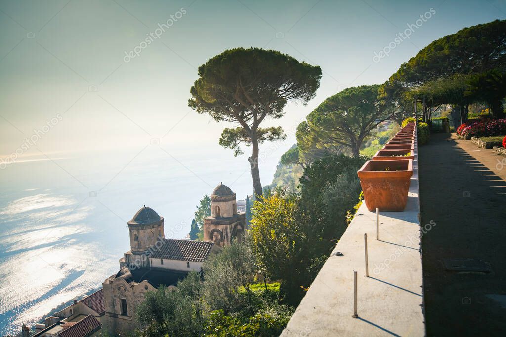 The Mediterranean sea and Umbrella pine trees from the garden of Villa Rufolo in Ravello