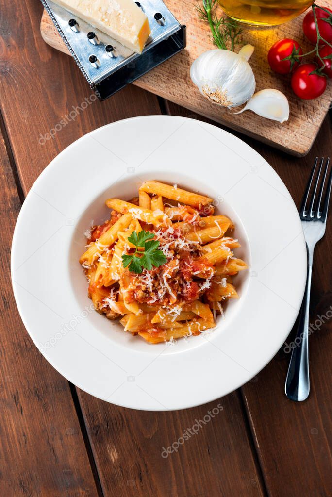 Plate of delicious tagliatelle with bolognese sauce, Italian food