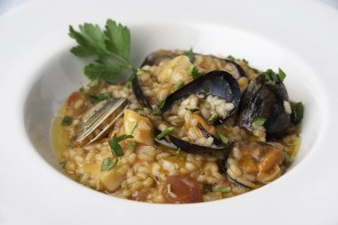 Risotto alla pescatora, geleneksel deniz ürünleri pilavı yemeği, İtalyan mutfağı. 