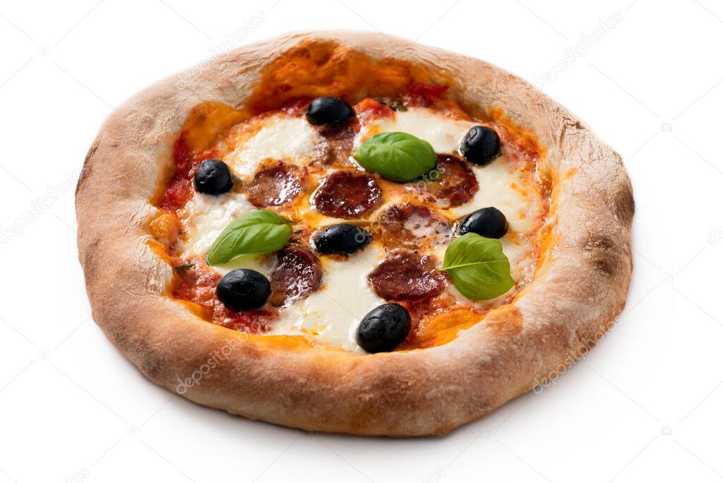 Delicious pizza with italian salami, black olives mozzarella and tomato sauce, Italian food 