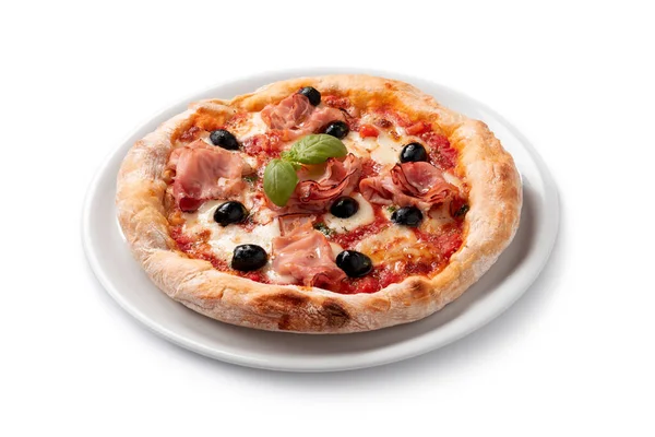 Deliziosa Pizza Con Prosciutto Mozzarella Olive Nere — Foto Stock