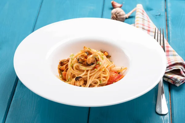 Smaak Van Heerlijke Spaghetti Met Mosselsaus Bottarga Italiaanse Keuken — Stockfoto