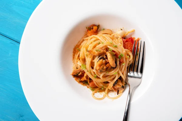 Smaak Van Heerlijke Spaghetti Met Mosselsaus Bottarga Italiaanse Keuken — Stockfoto