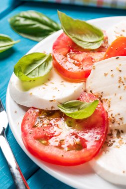 Lezzetli taze Caprese salatası, geleneksel İtalyan aperatifi. 