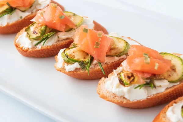 Dish Delicious Crostini Topped Smoked Salmon Courgette Cheese — Stock Photo, Image