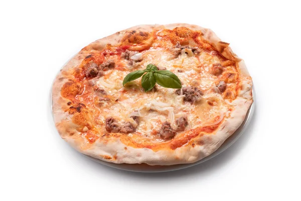 Délicieuse Pizza Rustique Avec Saucisse Porc Sauce Tomate Oignon Pecorino — Photo