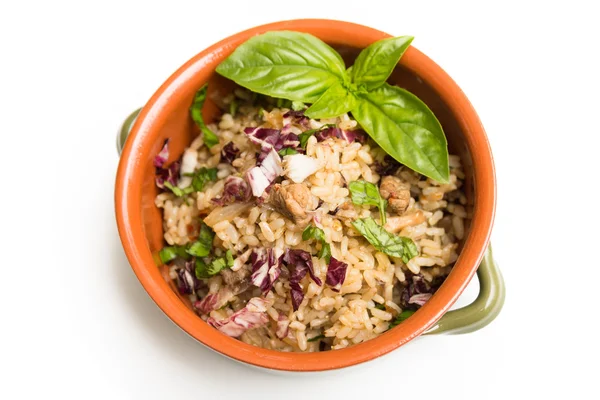 Risotto with beef meat, radicchio and fresh basil — Stock Photo, Image