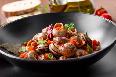 Baharatlı domates soslu salyangoz, tipik sardalya yemeği, İtalyan aperatifleri. 