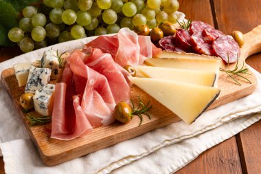 Prosciutto kabuklu dilimler ve gorgonzola, İtalyan aperatifleri, Avrupa gastronomisi içeren bir tabağa yakın çekim 